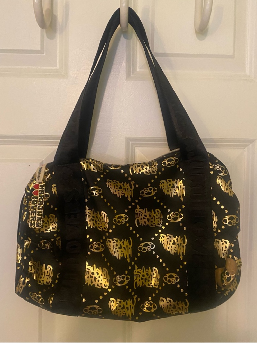 Y2K Black and  Metallic Gold Graffiti Print Harajuku Lovers Tote